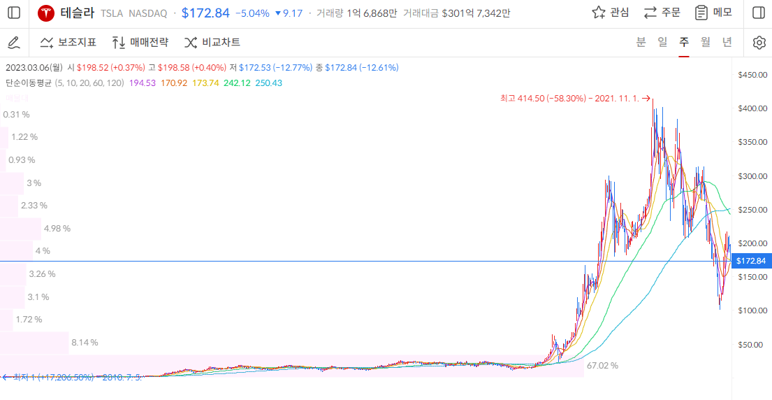 테슬라 주가 주봉