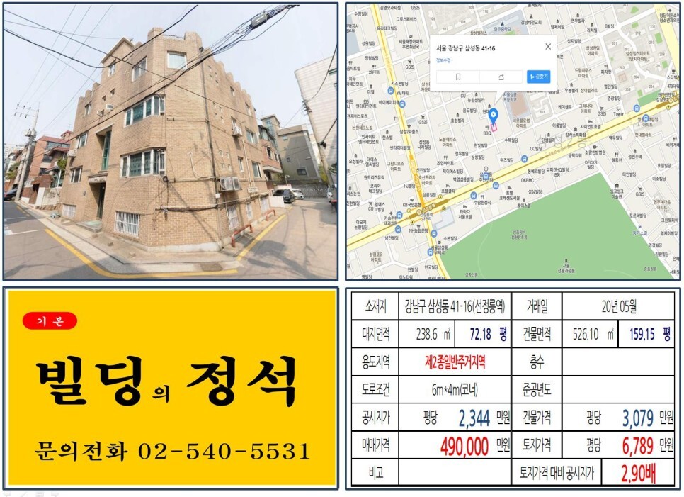  [강남구 삼성동 신축부지 40억 꼬마빌딩 실거래가 조회] 삼성동 41-16 (선정릉역) 49억 원, 평당 6,789만 원 매매되었습니다. 현대차 글로벌비지니스센터 개발