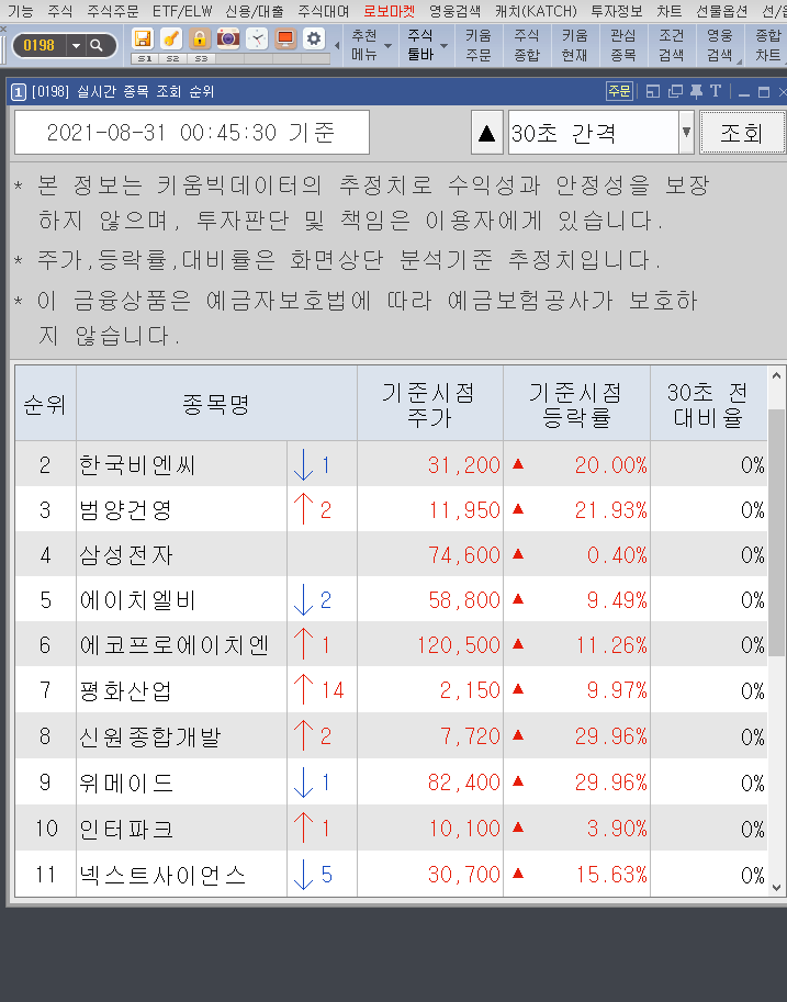 실시간 종목 순위 검색(30초 단위)