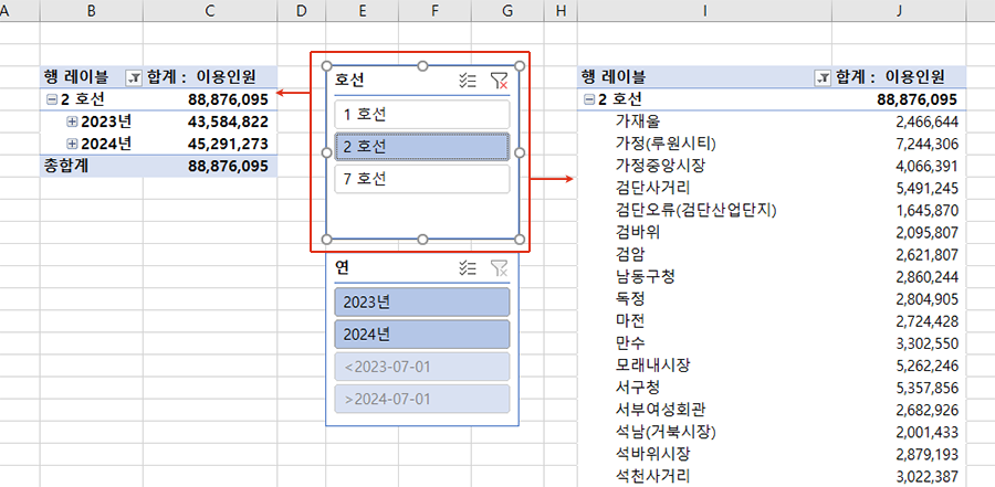 두개 피벗 동시에 필터