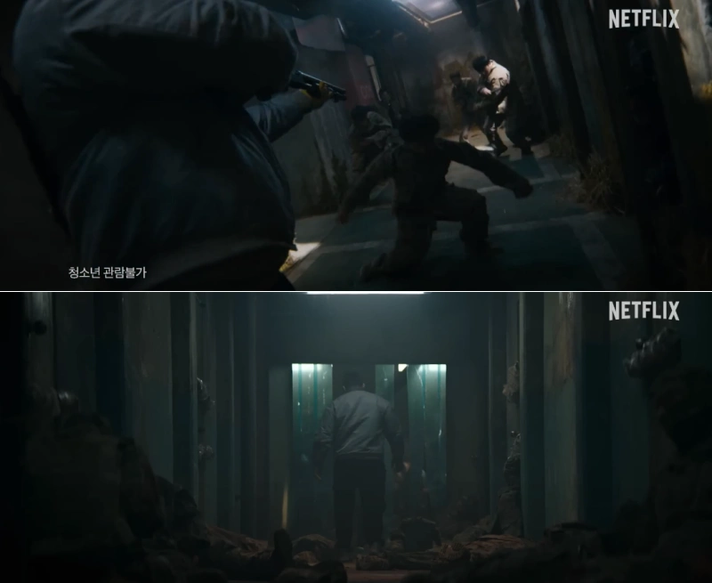 넷플릭스 영화 황야 장면 중 총을 쏘고 있는 마동석