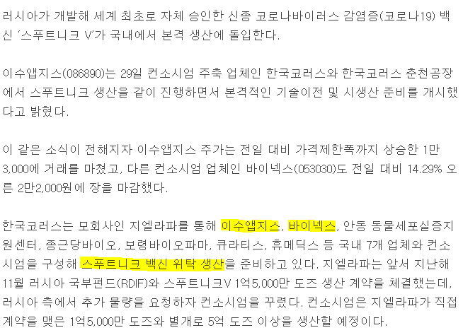  러시아백신 스푸트니크 생산 기술이전 이수앱지스