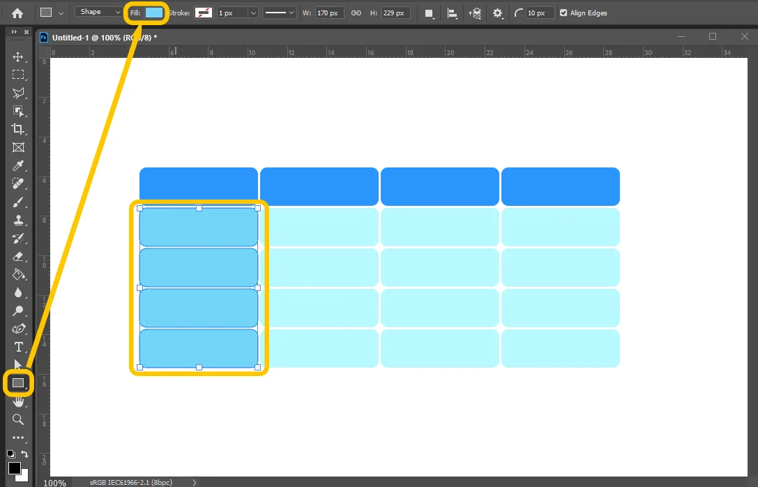 어도비 포토샵에서 사각형을 만들고 색상을 바꾼 모습
