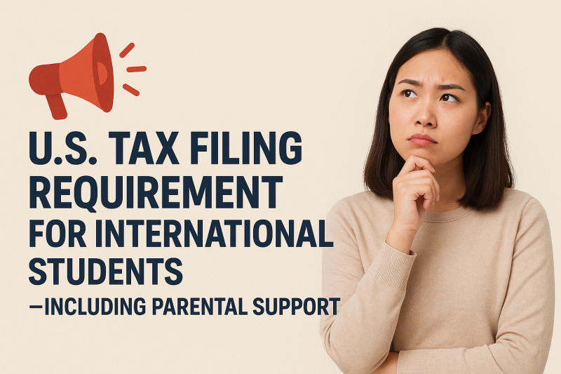 A confused female student thinking about U.S. tax filing requirements for international students, including parental support