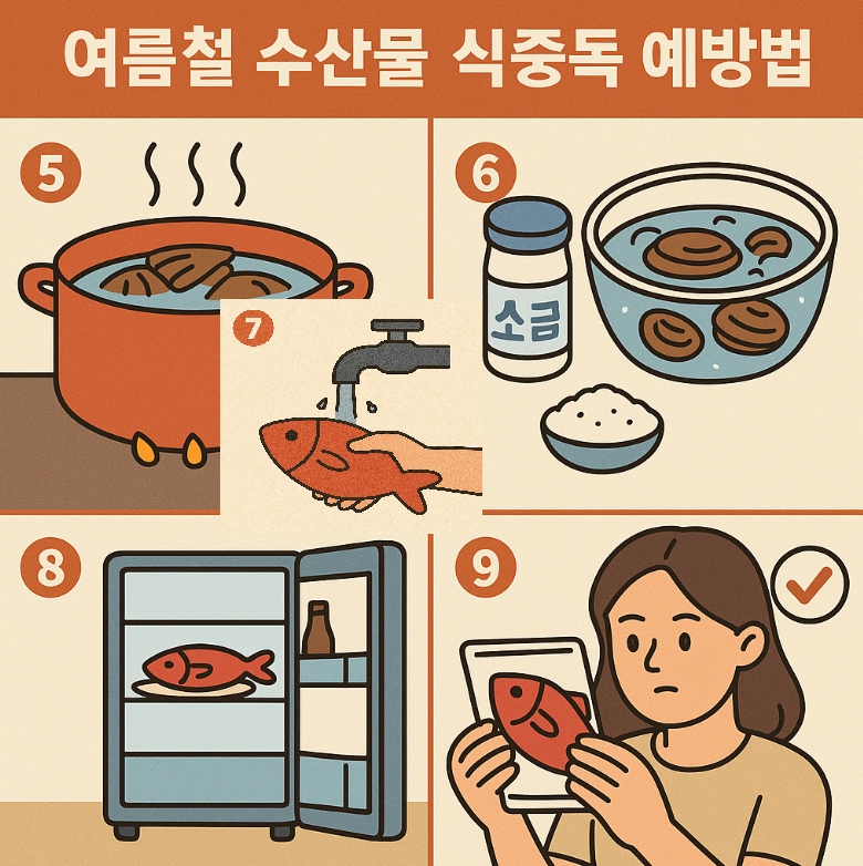 여름철 수산물 식중독 예방 법 -충분히가열,조개류해감,수돗물세척,냉장보관,유통기한확인