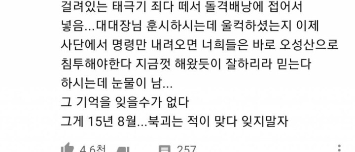 걸려있는 태극기 죄다 떼서 돌격배낭에 접어서 넣음... 대대장님 훈시하시는데 울컥하셨는지 이제 사단에서 명령만 내려오면 너희들은 바로 오성산으로 침투해야한다 지금껏 해왔듯이 잘하리라 믿는다 하시는데 눈물이 남...
그 기억을 잊을수가 없다 그게 15년 8월... 북괴는 적이 맞다 잊지말자
46천
257