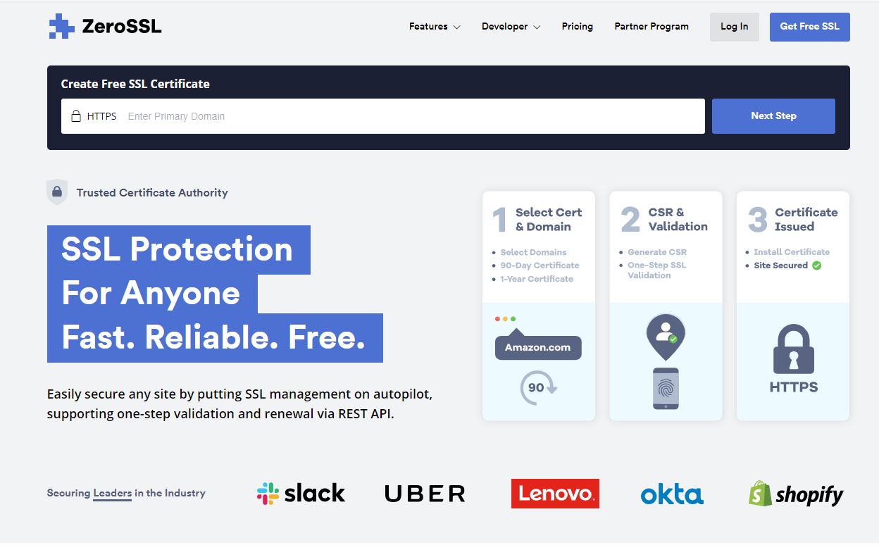 ZeroSSL 메인 페이지 ZeroSSL 메인 페이지