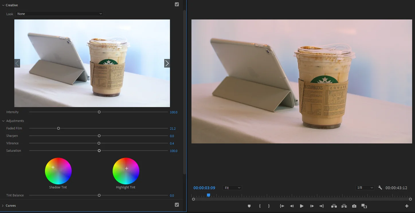 프리미어 프로의 lumetri color로 색 보정을 하는 모습