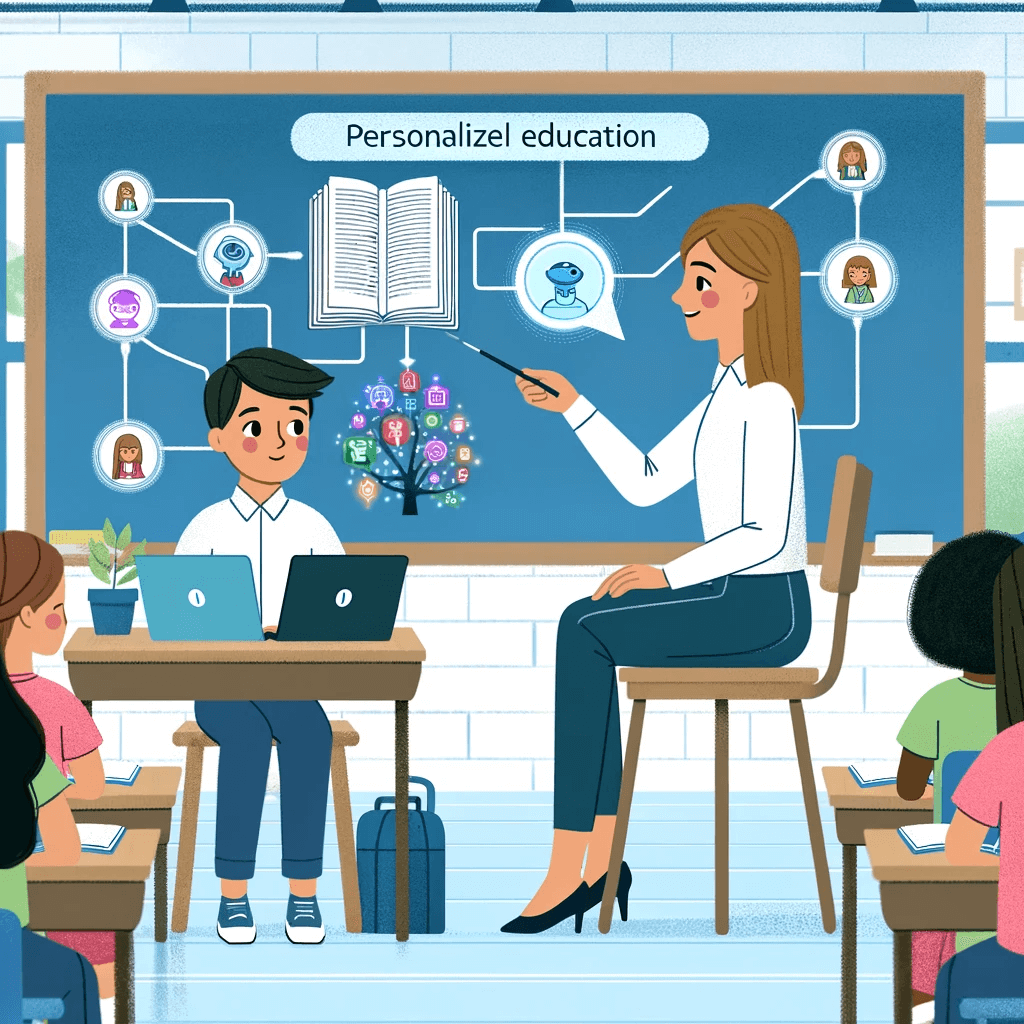 A classroom scene showing a teacher providing personalized guidance to individual students using AI digital textbooks.