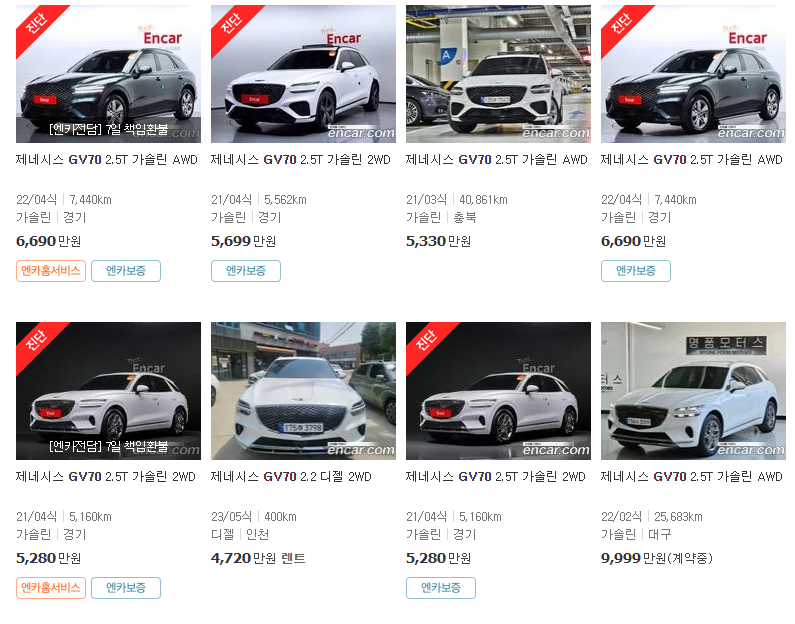 제네시스 GV70 중고차 가격