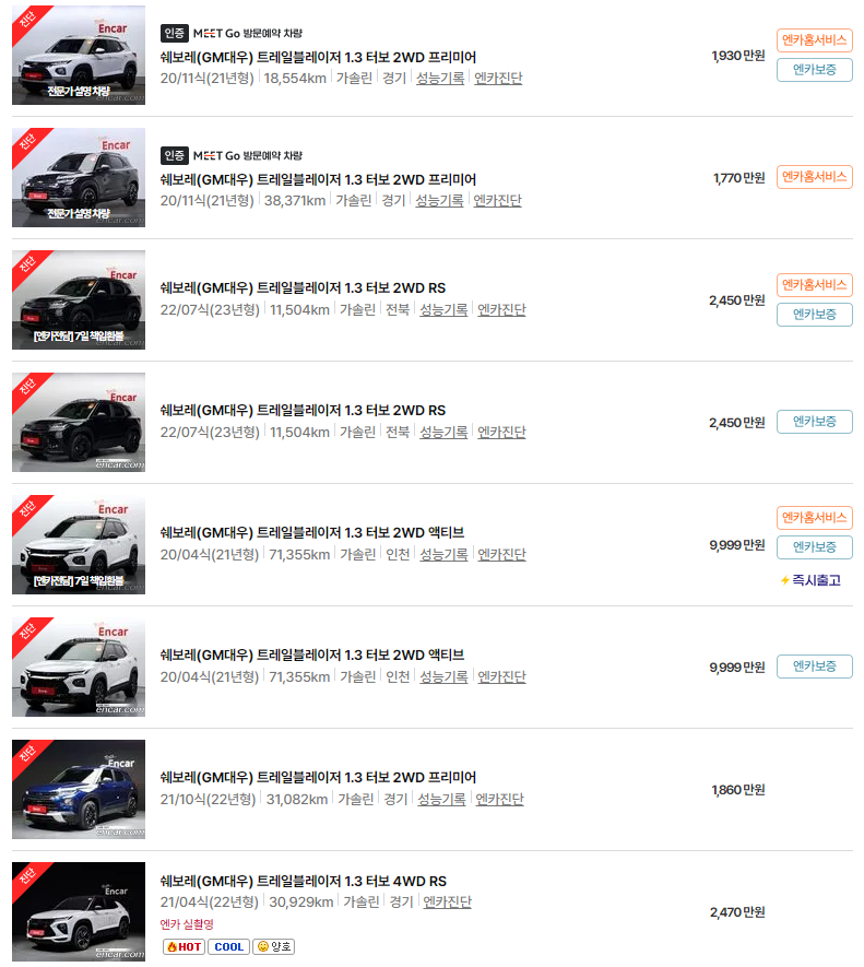 트레일블레이저(20~23년식) 중고차 가격