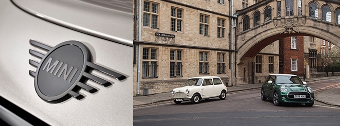 이미지 두개가 합쳐진 사진 - 왼쪽 미니쿠퍼 앰블럼 오른쪽사진 차량두대 로버미니와 미니쿠퍼