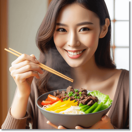 비타민 b12가 풍부한 소고기와 채소를 먹는 여성