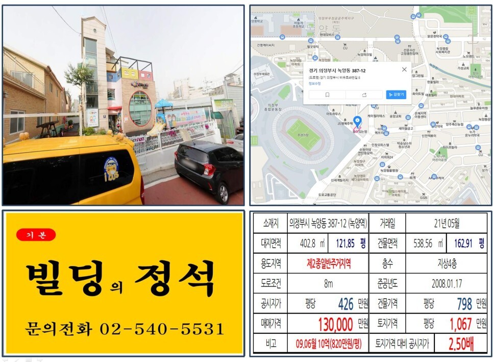 [의정부시 의정부종합운동장 10억 꼬마빌딩 실거래가 조회] 녹양동 387-12 (녹양역) 13억 원, 평당 1,067만 원 매매되었습니다.