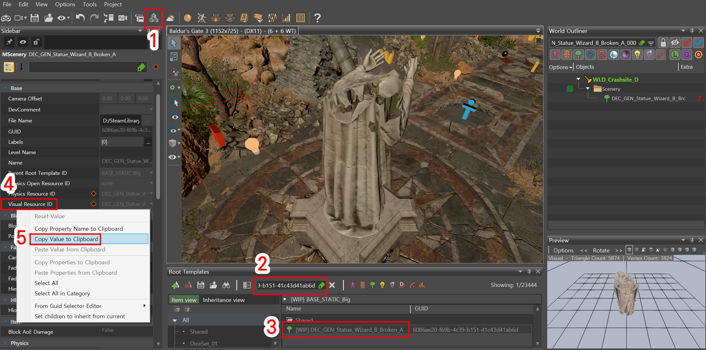 발더스 게이트 3 툴킷에서 Root Template 탭을 활용하여 Visual Resource ID 값을 복사하는 화면