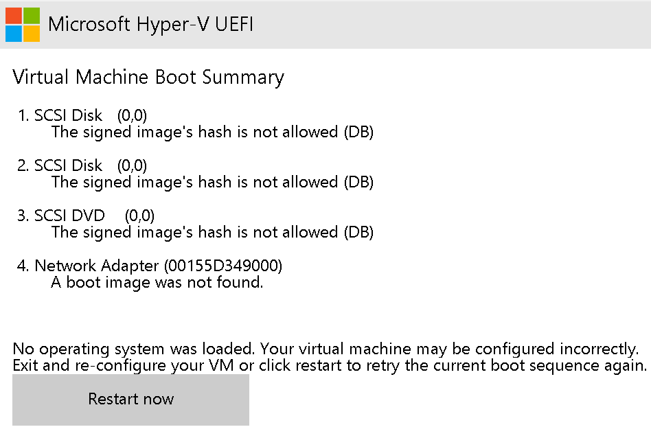  [Hyper-V]VM 설치 시 The Signed image's hash is not allowed