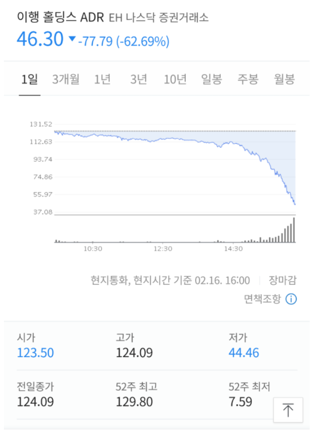  -62% -> +67% 롤러코스터 하락 & 상승, 이항 홀딩스(EH)의 내일은??