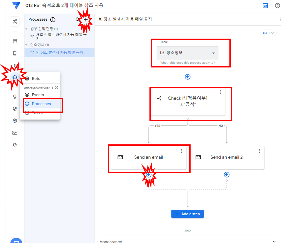 장소정보 테이블을 선택하고 나머지 흐름을 정의한 프로세스