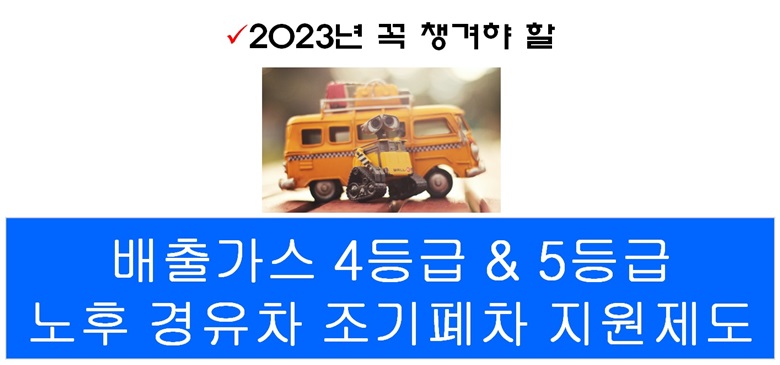 2023년부터 배출가스 4등급/5등급 노후 경ㅇ차 조기폐차 지원제도를 알리는 사진으로 노란색 미니버스와 그앞에 괘도가 달린 로봇이 서있고 지원제도를 큰글자로 표시한 사진