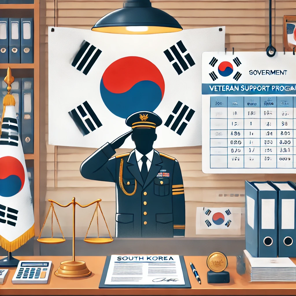 &quot;대한민국 국가유공자 지원 프로그램을 상징하는 이미지. 한 국가유공자가 태극기 앞에서 거수경례를 하고 있으며, 배경에는 정부 사무실과 지급 일정이 표시된 서류 및 달력이 보인다. 이미지 전체가 국가유공자에 대한 존경과 감사의 분위기를 담고 있다.&quot;