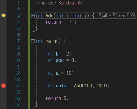 F11 누름. : 노란색 화살표가 함수로 이동함.