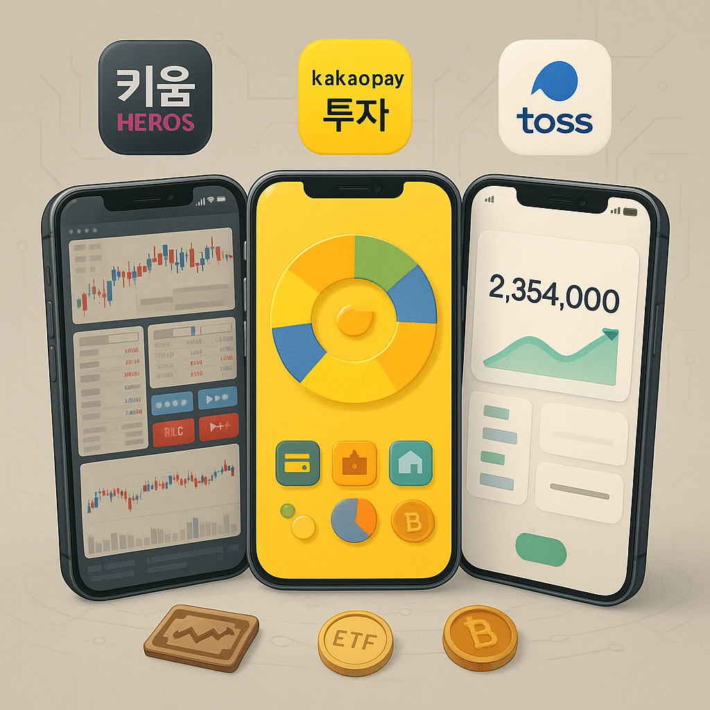 세 개의 스마트폰 화면에 키움증권, 카카오페이증권, 토스증권 MTS UI가 각각 다르게 표현된 투자 앱 비교 일러스트