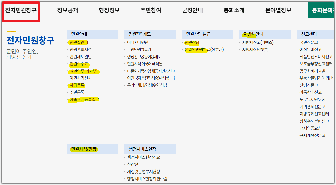 봉화군청 홈페이지