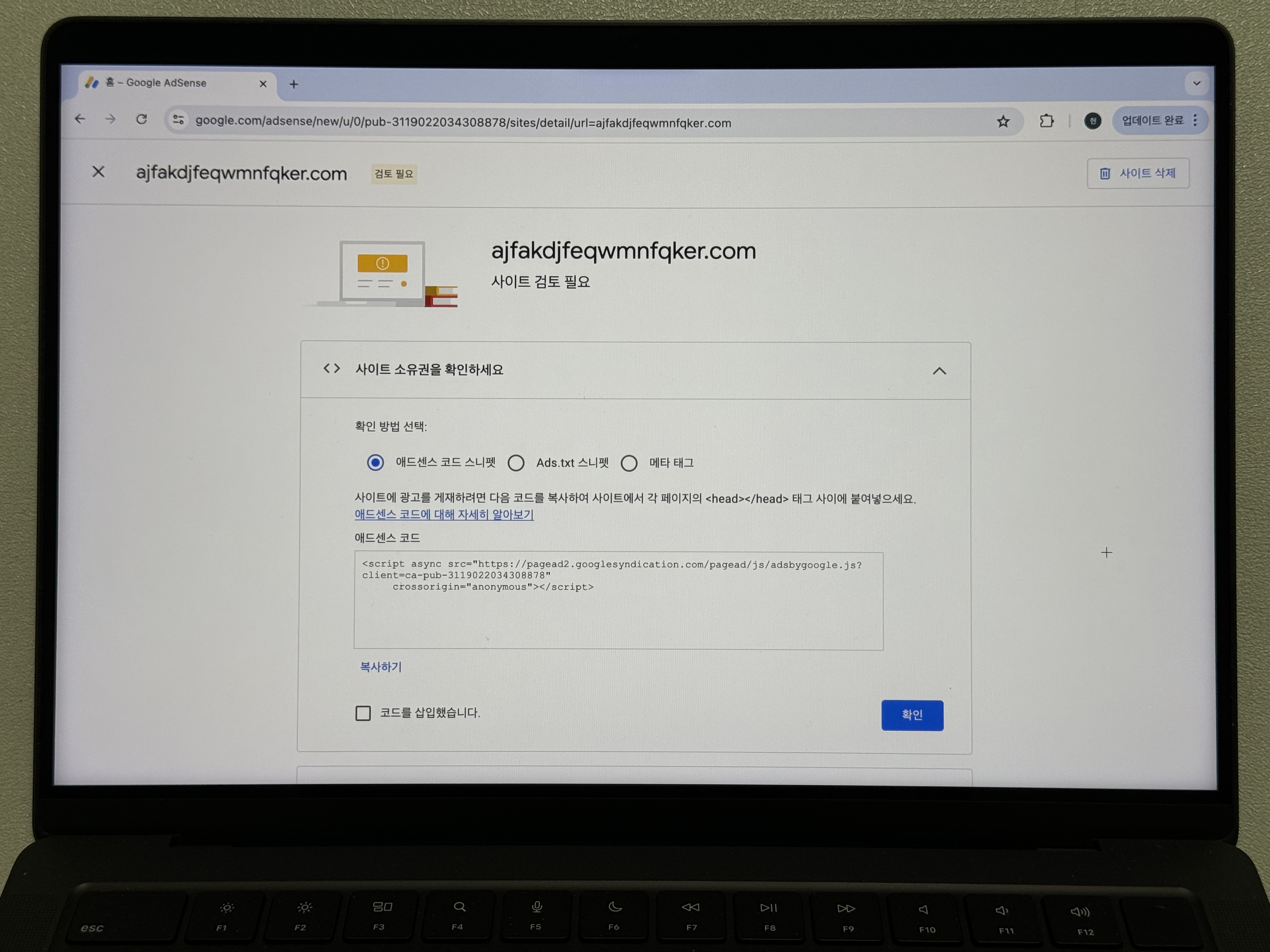 구글 애드센스 일반 사이트 소유권 확인 화면 사진