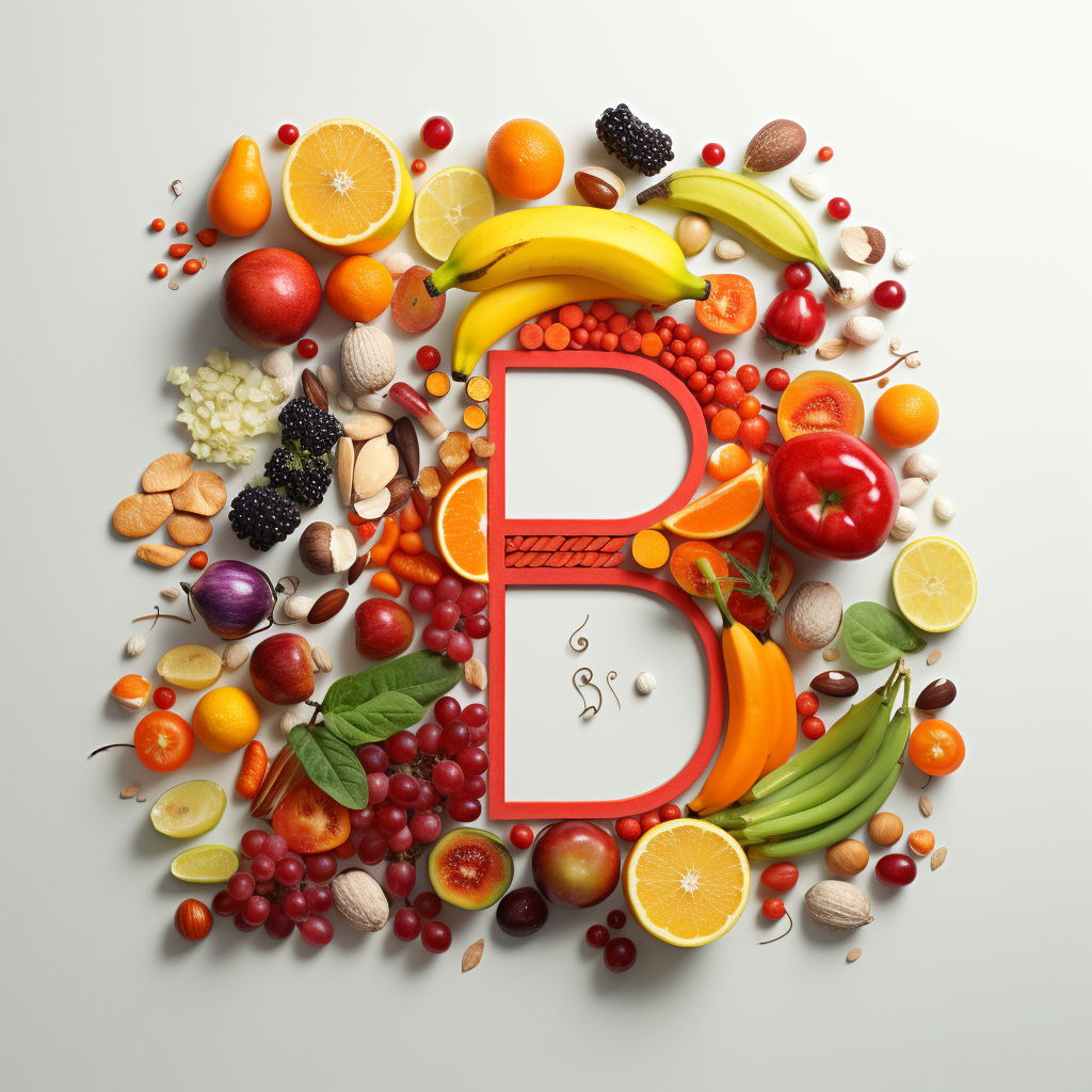 비타민B가 함유된 여러가지 과일이 스펠링 &#39;B&#39;를 만들고있다.