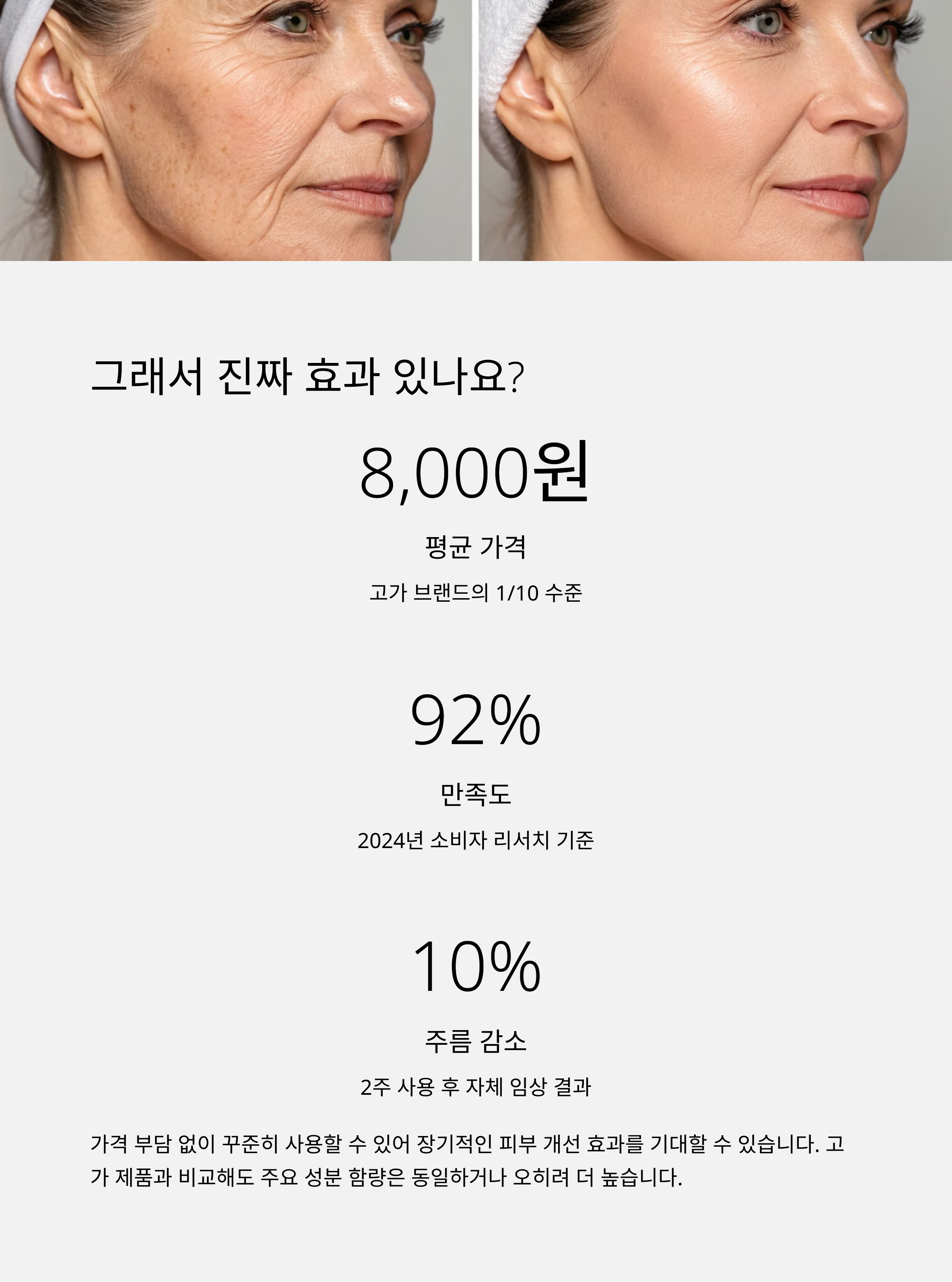 안티에이징 효과로 주름진 얼굴의 여성이 젊은 피부로 변화된 모습