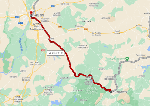 론다에서 버스로 세비야로 이동하는 경로가 표시된 구글 지도
