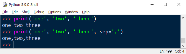 파이썬 print 함수에서 sep의 인자를 변경해서 함수 내 데이터를 구분하는 구분자를 설정할 수 있다.