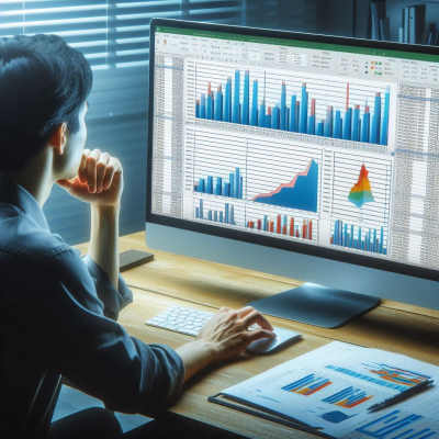 차트와 데이터 분석 화면을 보고 있는 사람.