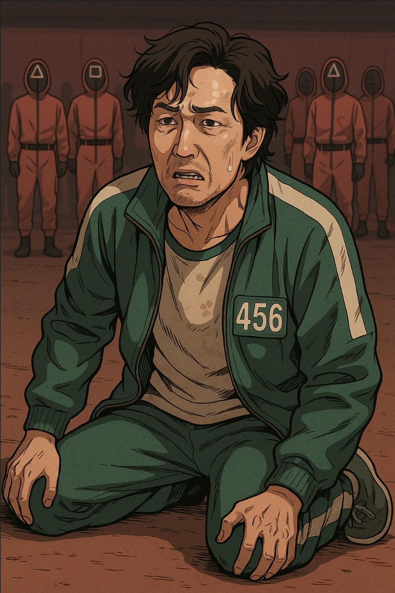 넷플릭스 오징어게임 반란에 실패한 기훈(이정재)가 무릎꿇고 좌절