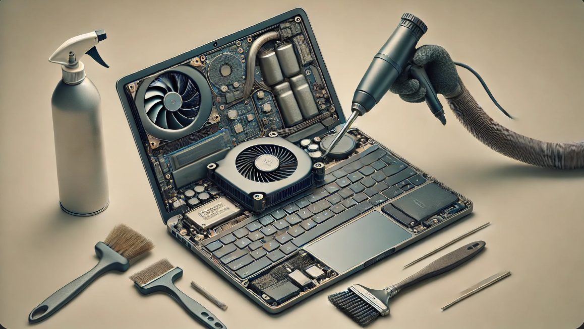 노트북 팬과 키보드를 청소하는 전문가, 세밀한 청소 도구가 보임
