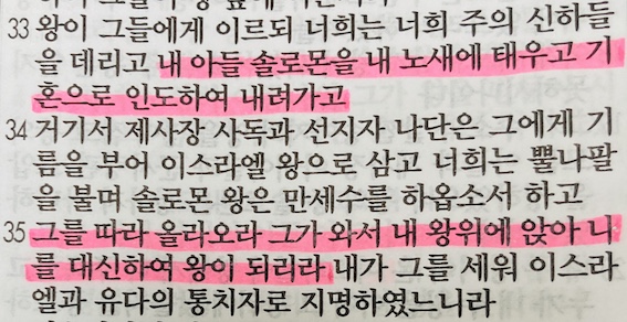 열왕기상 1장 네 번째&#44; 솔로몬을 왕으로 세우라는 명령&#44; 기혼으로 인도하여 내려가고