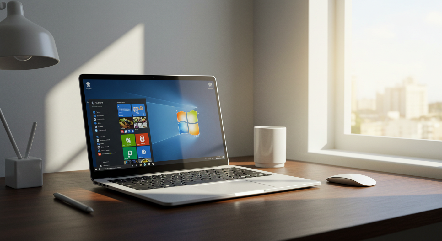 (Image Prompt: A clean, modern desk setup featuring a new laptop displaying the Windows welcome screen. Sunlight streams in, creating a fresh and optimistic atmosphere. Style: Bright, realistic photo.)