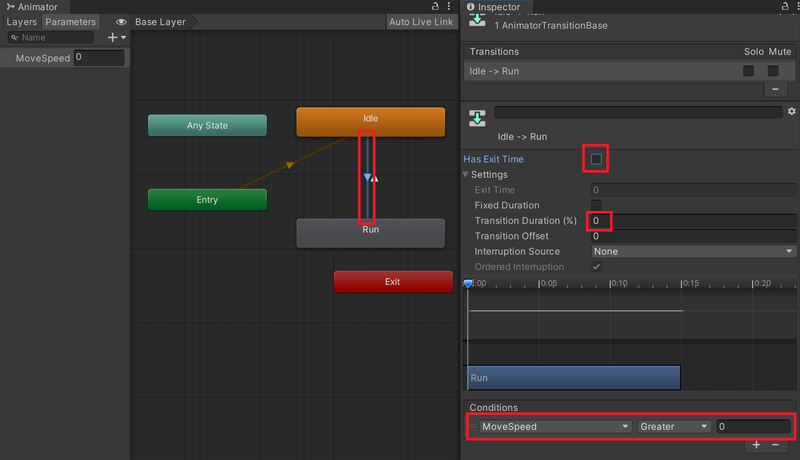 Idle -> Run Transition 설정