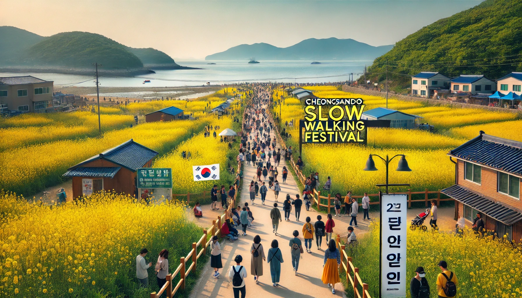 2025 청산도 슬로걷기 축제 풍경. 유채꽃이 만개한 산책로를 따라 방문객들이 여유롭게 걷고 있으며, 축제 현수막과 표지판이 분위기를 더한다. 푸른 바다와 초록빛 언덕이 어우러진 아름다운 자연 경관.