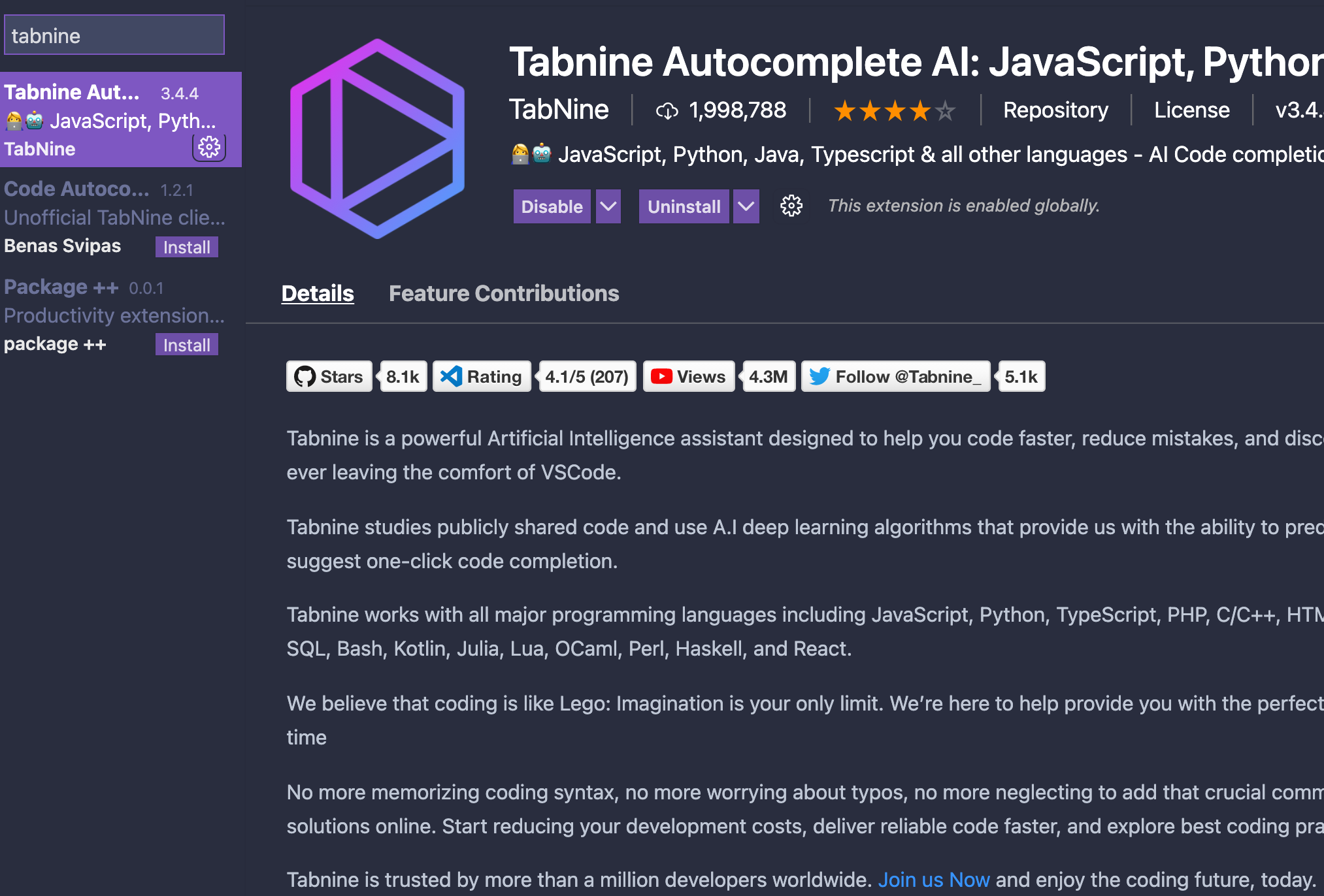VScode] Tabnine Autocomplete AI 코드 자동 완성 익스텐션