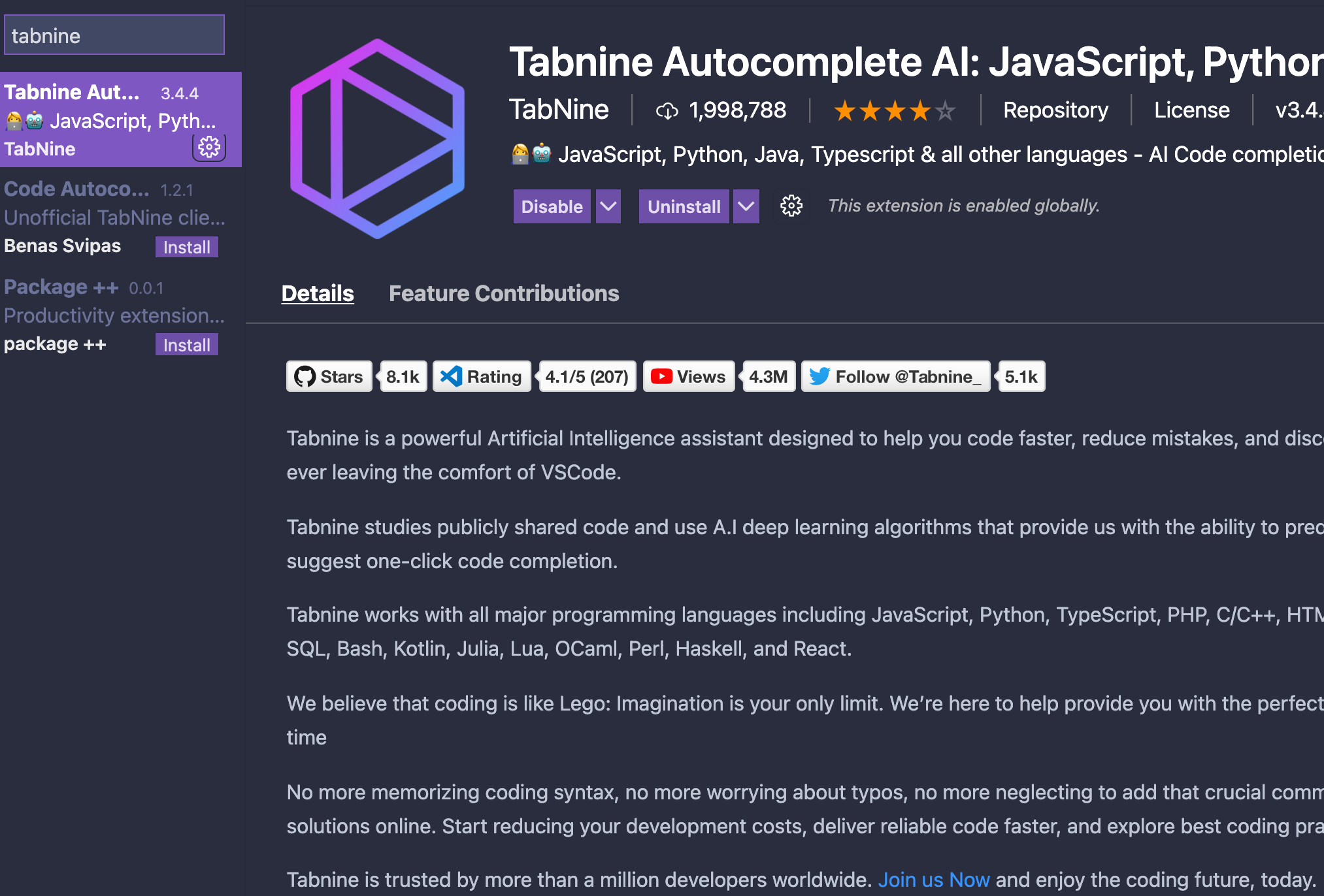 VScode] Tabnine Autocomplete AI    