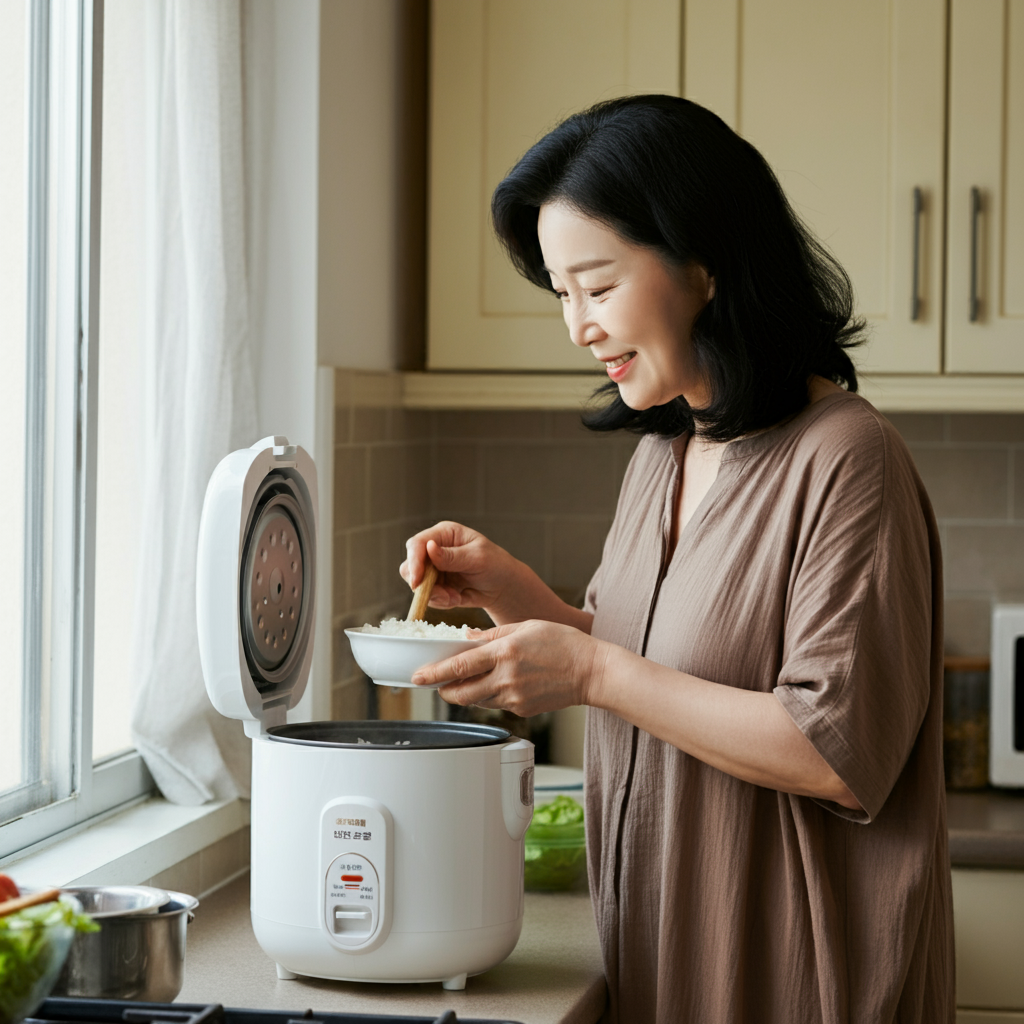 밥솥에서 밥을 뜨고 있는 여성