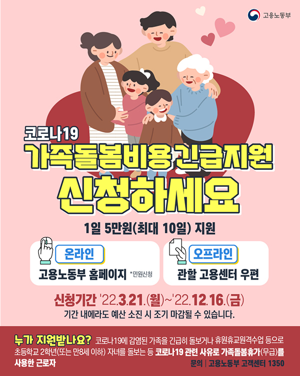  코로나19 가족돌봄휴가 사용시 최대 50만원 지원