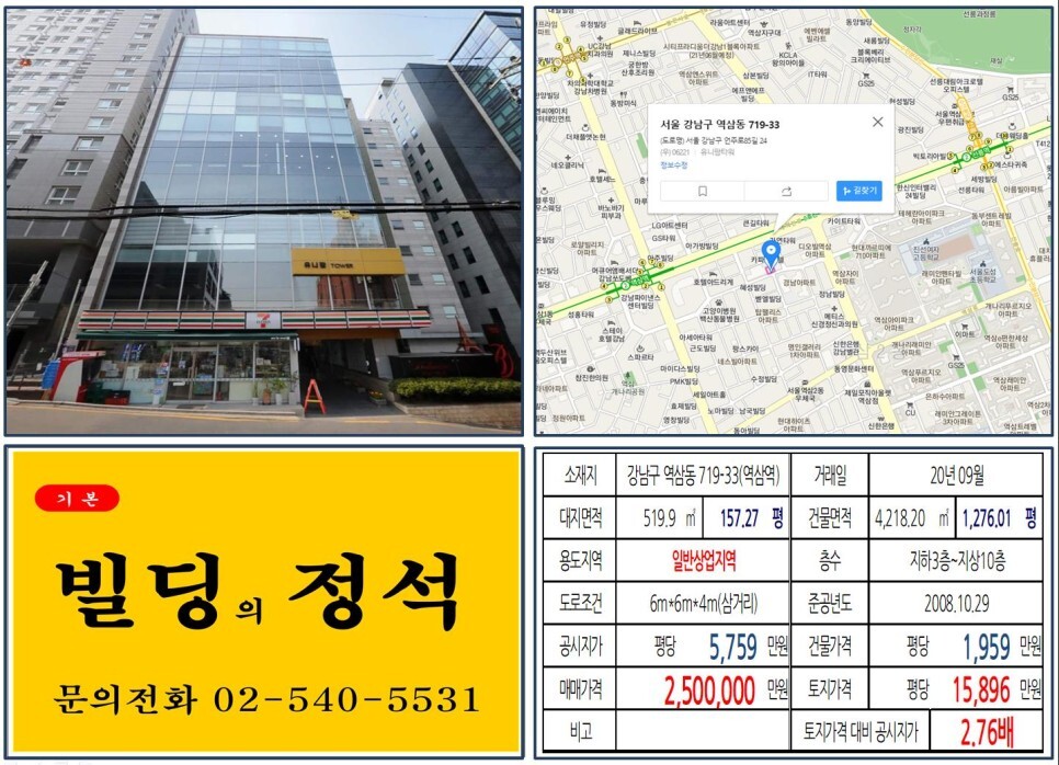  [강남구 테헤란로 200억 빌딩 실거래가 조회] 역삼동 719-33 (역삼역) 250억 원, 평당 1억 5,896만 원 매매되었습니다. 르네상스