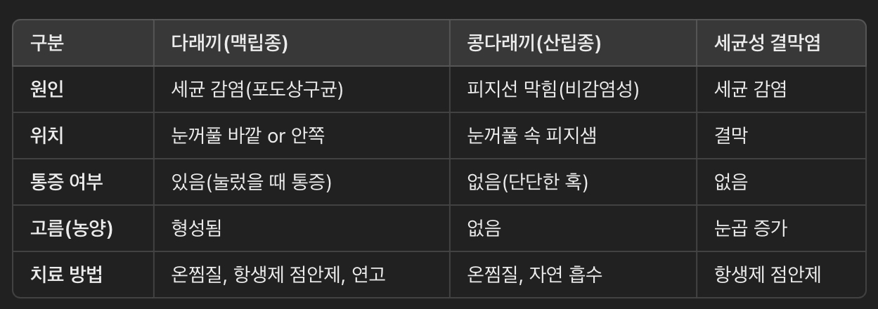 다래끼와 비슷한 질환 비교(다래끼 vs. 콩다래끼 vs. 결막염)