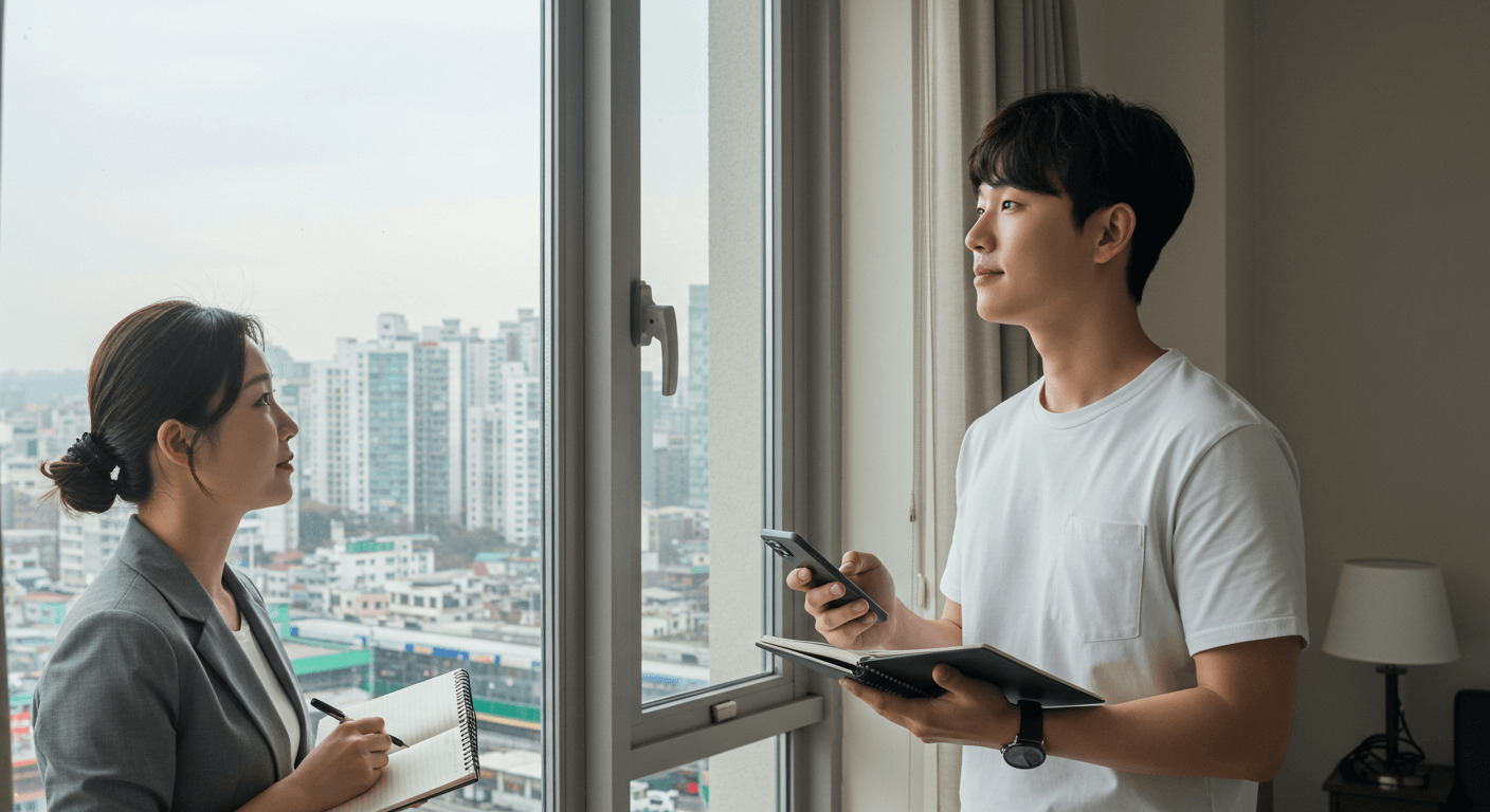 방 구하기 팁을 활용하여 자취방을 구하는 청년의 모습