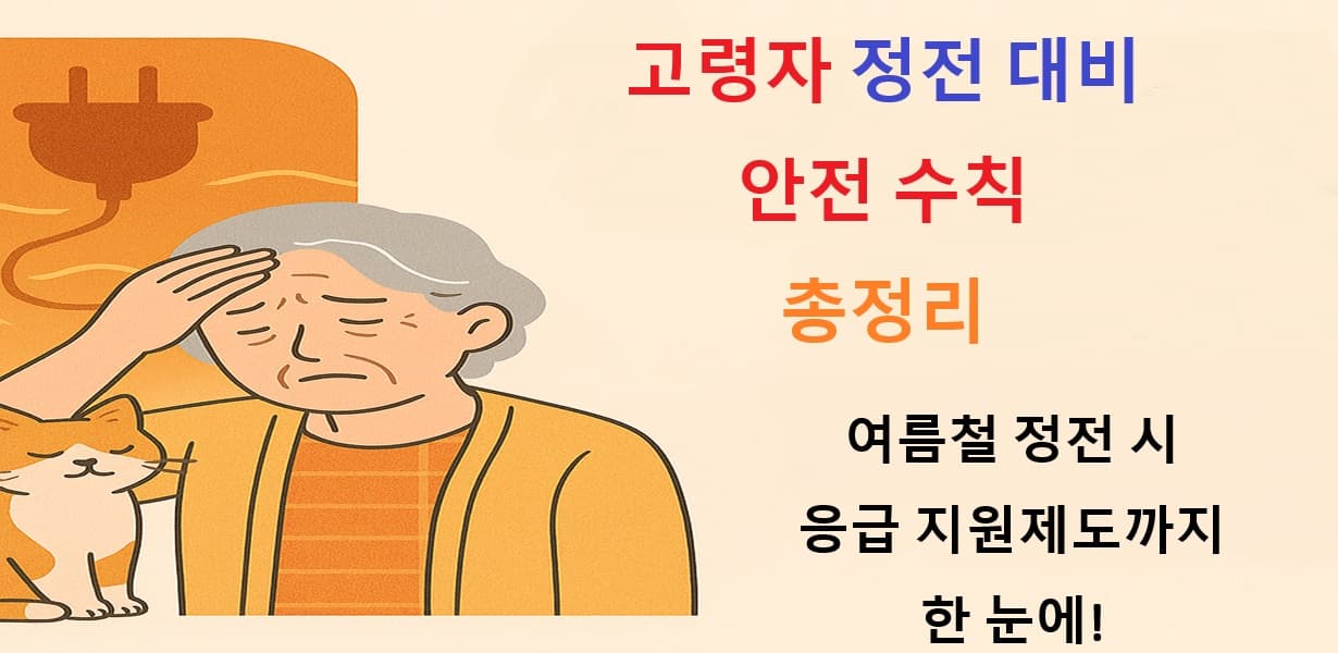 정전에 대비해 이마를 짚고 있는 노인 여성과 고양이 일러스트, 고령자 정전 대비 안전 수칙 안내 문구