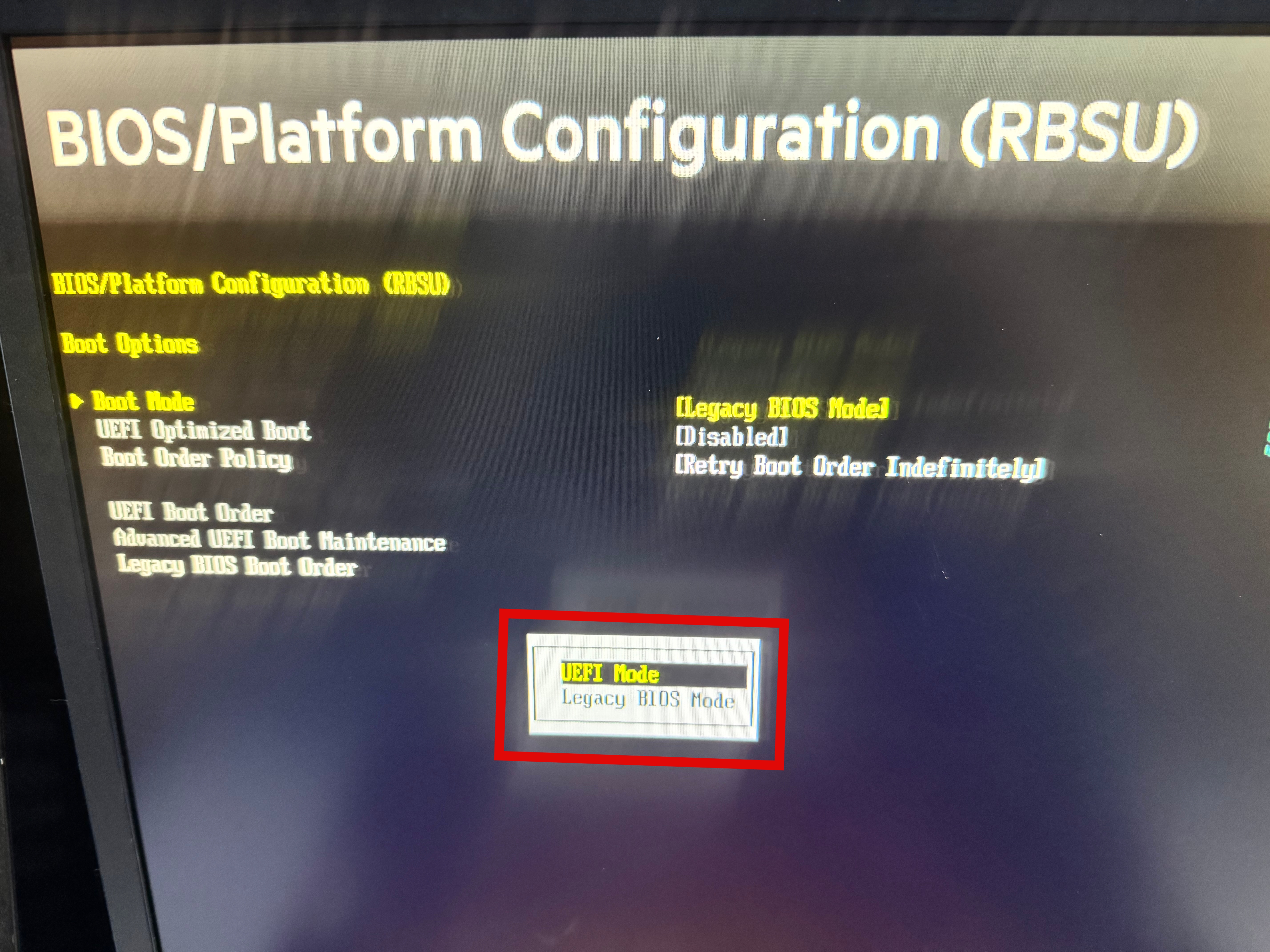 HP 서버 Boot Mode UEFI Legacy