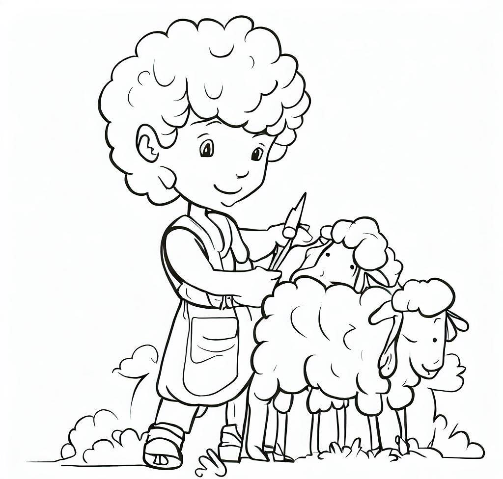 어린아이가 양떼를 돌보고 있는 색칠 도안.