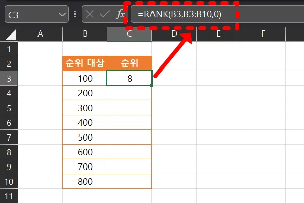 엑셀 rank 함수 예시1